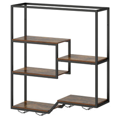 Wine Rack Wall Mounted 5-Tier Wine Bottle Display Shelf with 4 Wine Glass Holders-Rustic Brown
