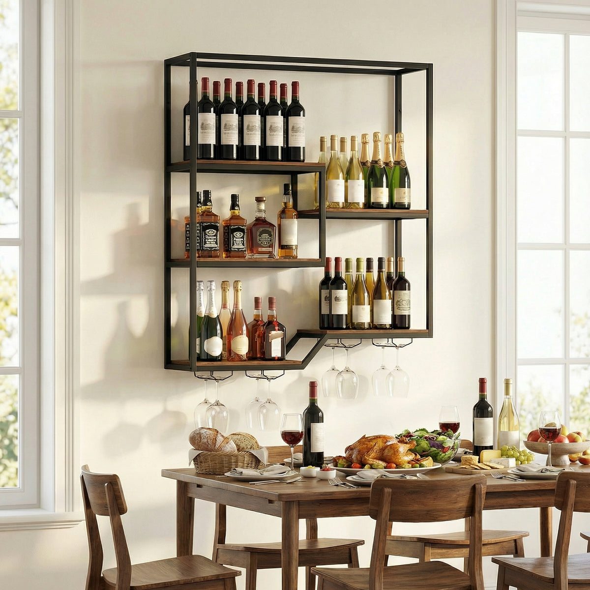 Wine Rack Wall Mounted 5-Tier Wine Bottle Display Shelf with 4 Wine Glass Holders-Rustic Brown