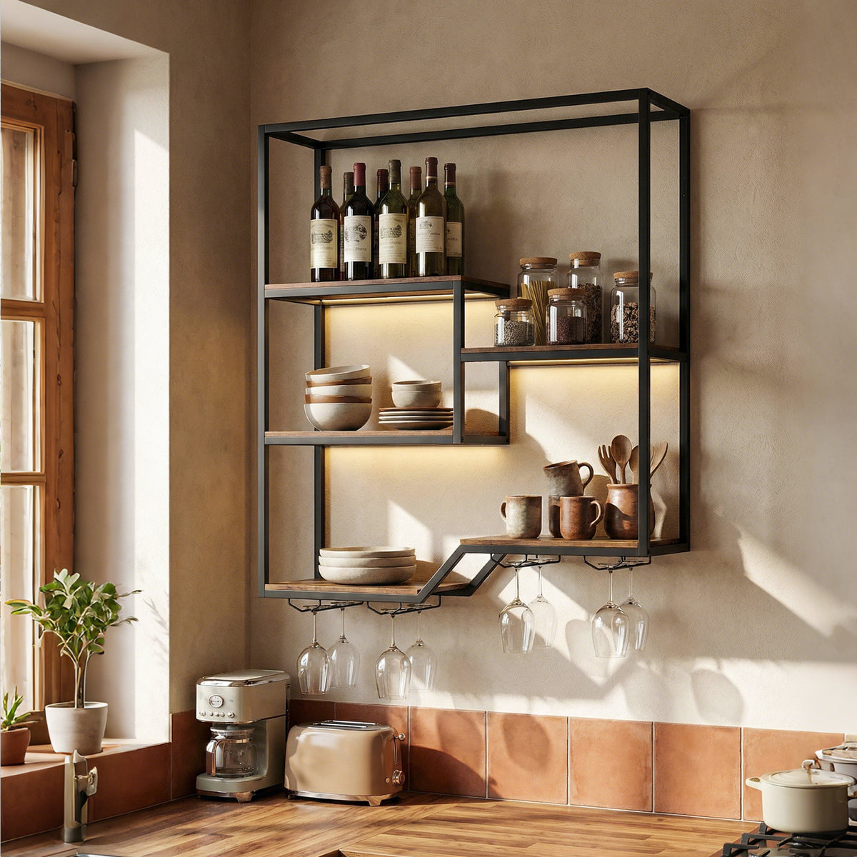Wine Rack Wall Mounted 5-Tier Wine Bottle Display Shelf with 4 Wine Glass Holders-Rustic Brown
