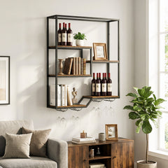 Wine Rack Wall Mounted 5-Tier Wine Bottle Display Shelf with 4 Wine Glass Holders-Rustic Brown