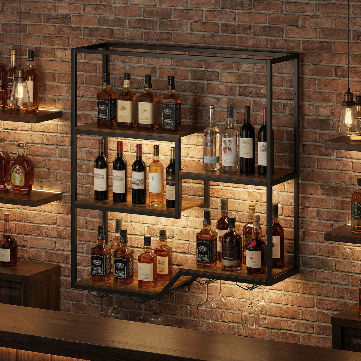 Wine Rack Wall Mounted 5-Tier Wine Bottle Display Shelf with 4 Wine Glass Holders-Rustic Brown