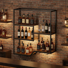 Wine Rack Wall Mounted 5-Tier Wine Bottle Display Shelf with 4 Wine Glass Holders-Rustic Brown