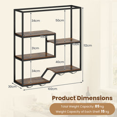 Wine Rack Wall Mounted 5-Tier Wine Bottle Display Shelf with 4 Wine Glass Holders-Rustic Brown