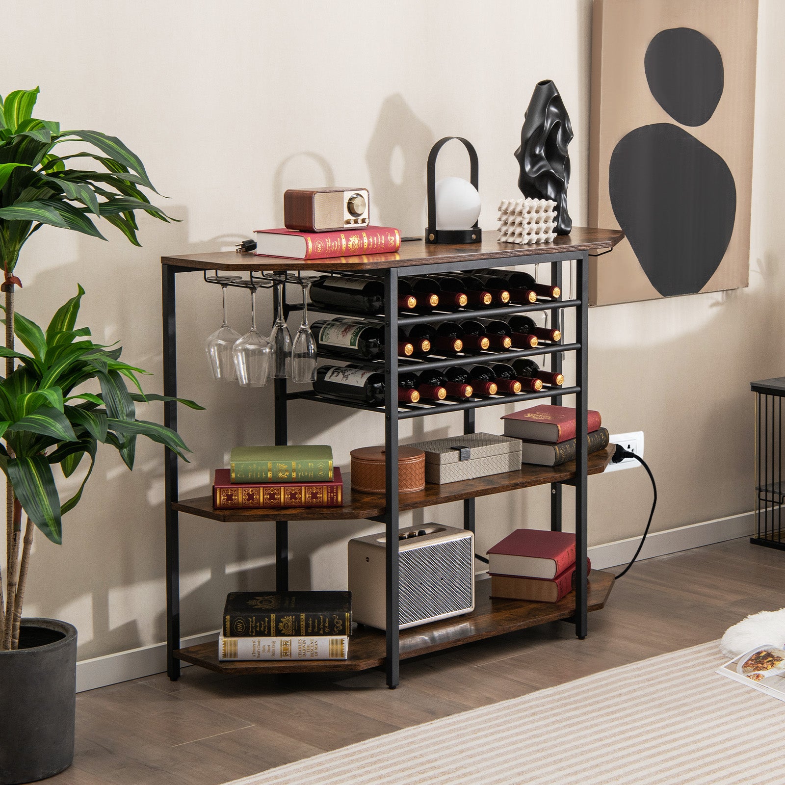 Wine Bar Cabinet 3-Tier Wine Rack with Shelves and Glass Holders-Brown