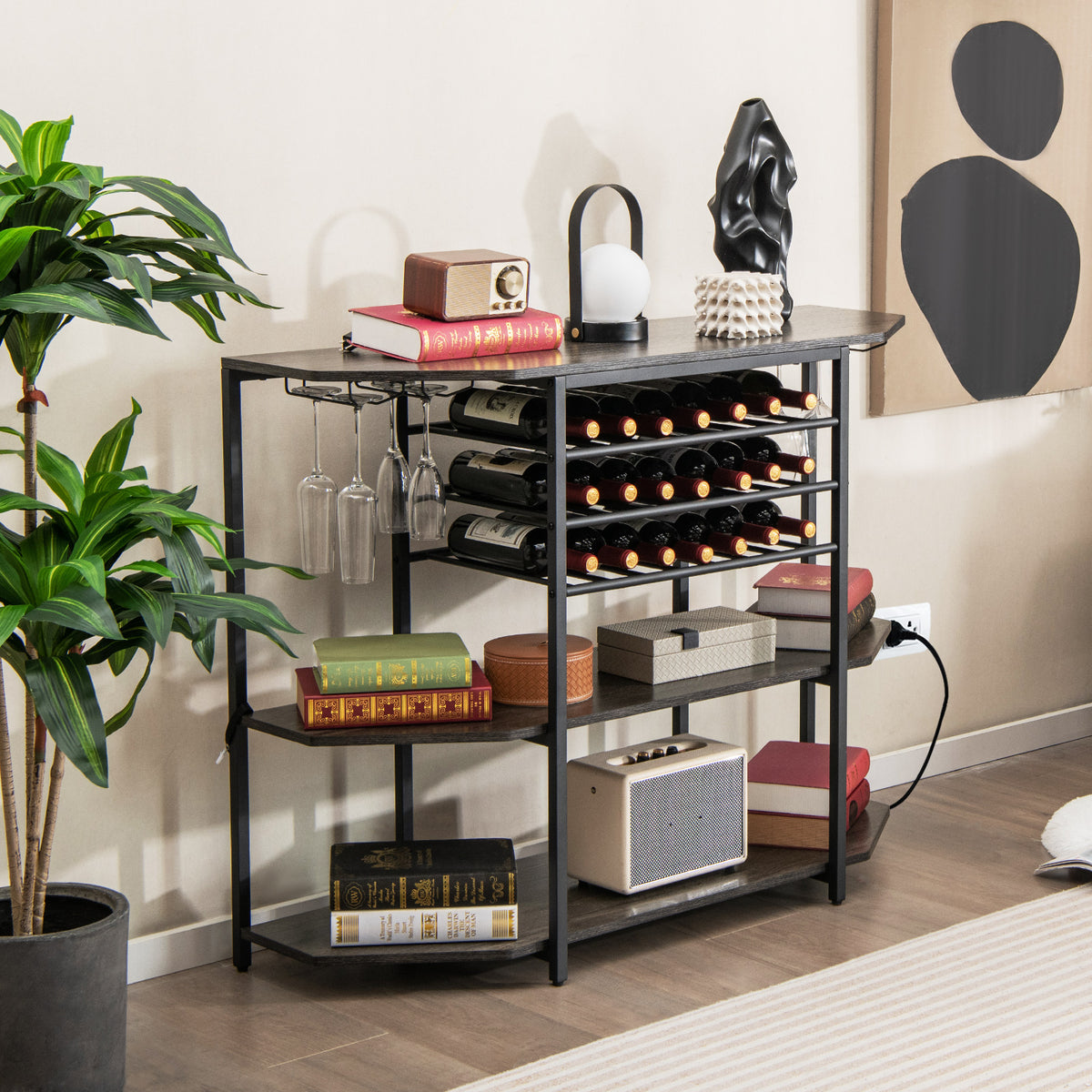 Wine Bar Cabinet 3-Tier Wine Rack with Shelves and Glass Holders-Grey