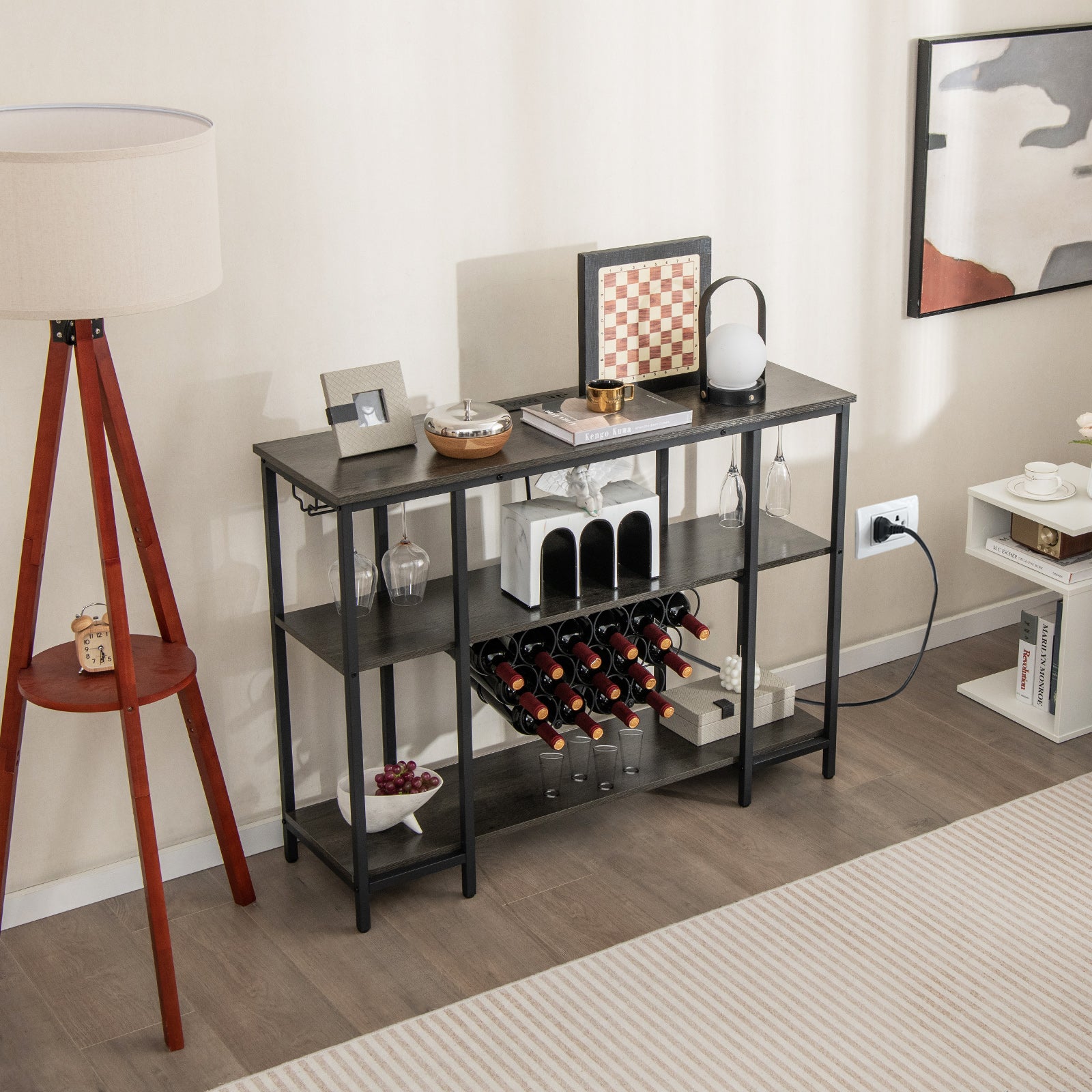 Wine Bar Cabinet Wine Rack with Bottle Racks and Storage Shelves-Grey