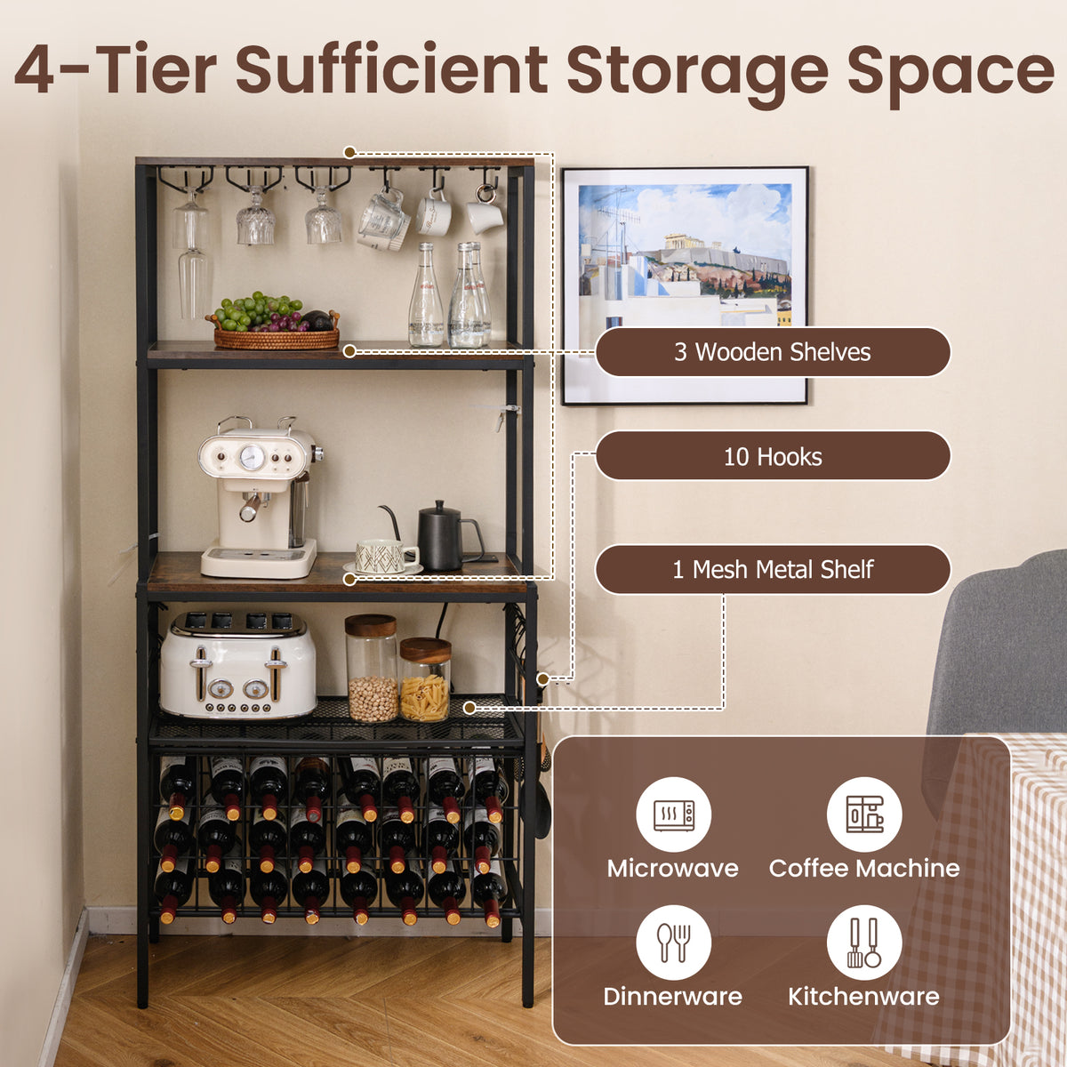 Wine Organizer with Power Outlet Multi-Tier Bakers Rack with Glass-Rustic Brown