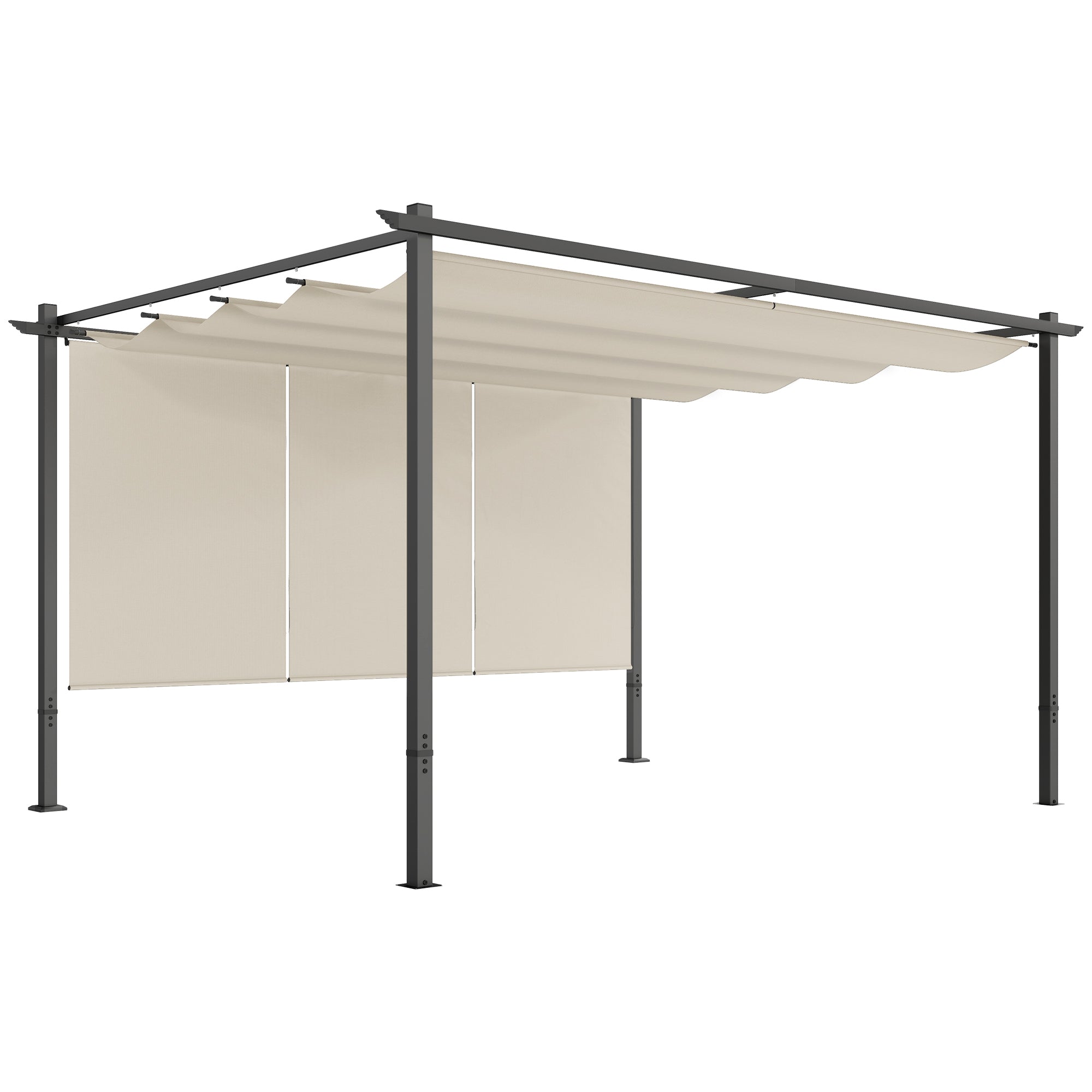 Outsunny 3 x 4m Metal Pergola with Retractable Roof and Roller Shade, Wall-Mounted or Free Standing Garden Gazebo Canopy Pergola Kit, UPF30+ Outdoor Sun Shade Shelter, Beige