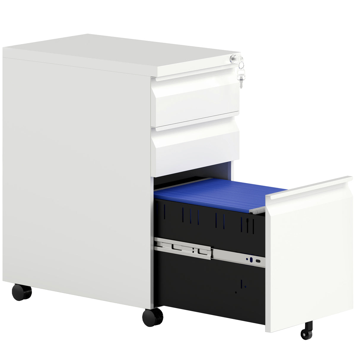 Vinsetto 3-Drawer Steel Filing Cabinet with Lock and Wheels - White