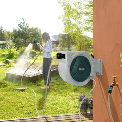 Outsunny Retractable Hose Reel Wall Mounted, 30+2m Garden Hose Pipe Reel with Lock, Auto Rewind, 7 in 1 Spray Nozzle, Includes Wall Fixings, 180 Swivel, Outdoor Watering, Grey
