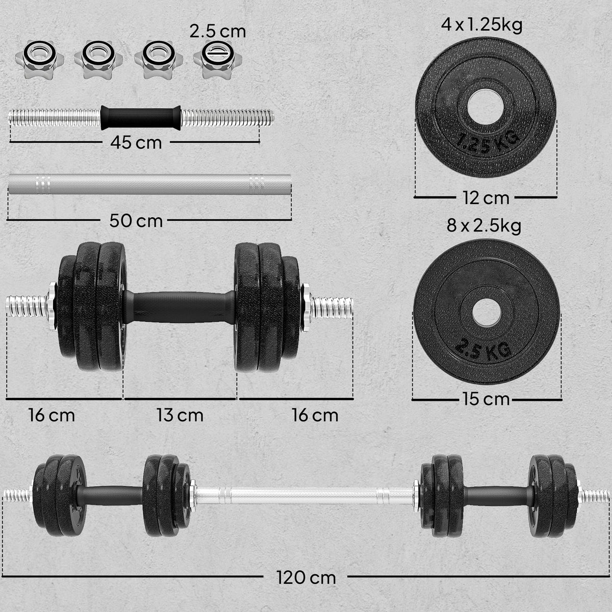 SPORTNOW 2-in-1 Adjustable Dumbbells Set, 30kg Cast Iron Weights Dumbbells Set with Non-Slip Grip for Strength Training, Weight Lifting, Bodybuilding, Home Gym Workout Equipment for Men & Women