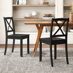 Wood Dining Chair Set of 2 with Rubber Wood Legs-Black