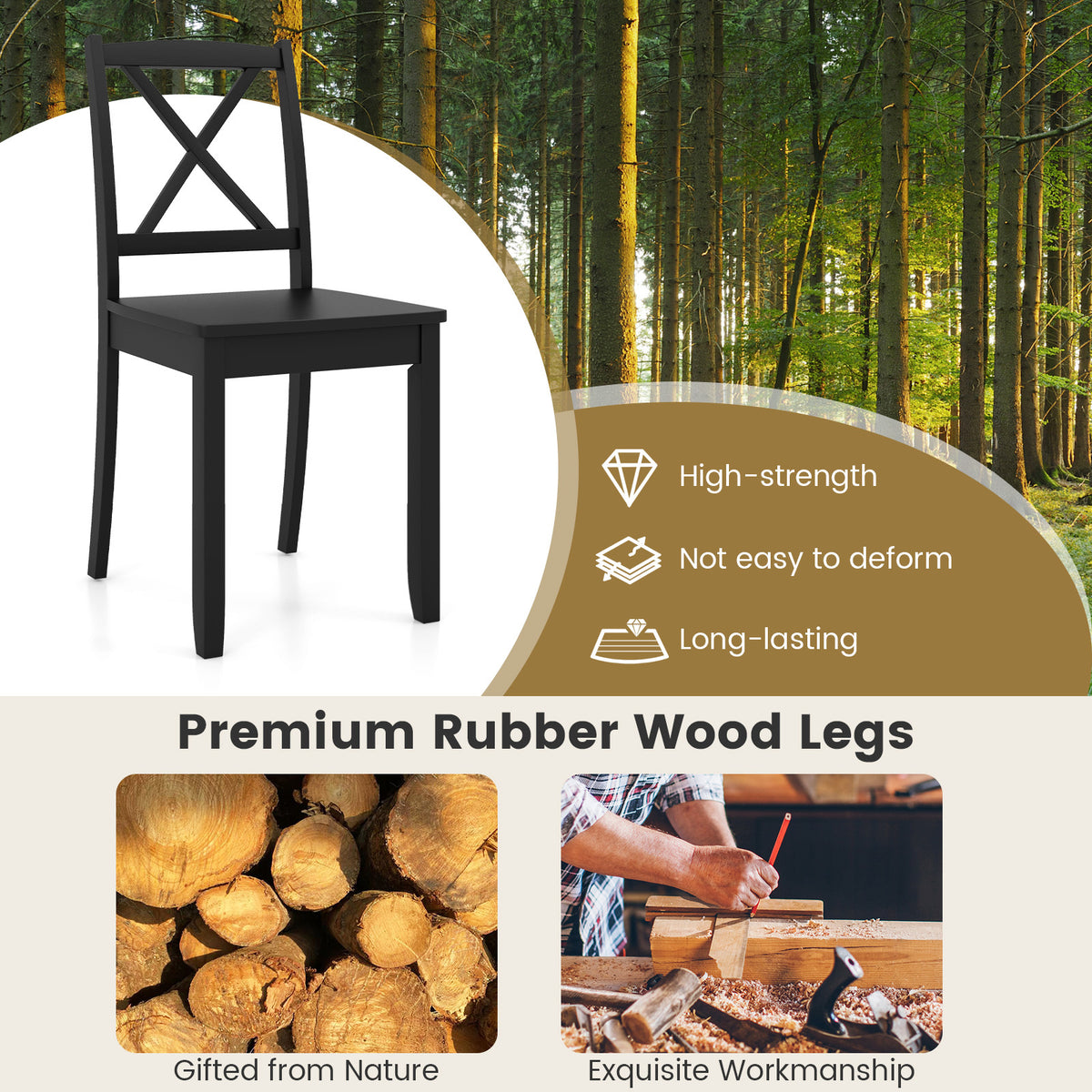Wood Dining Chair Set of 2 with Rubber Wood Legs-Black