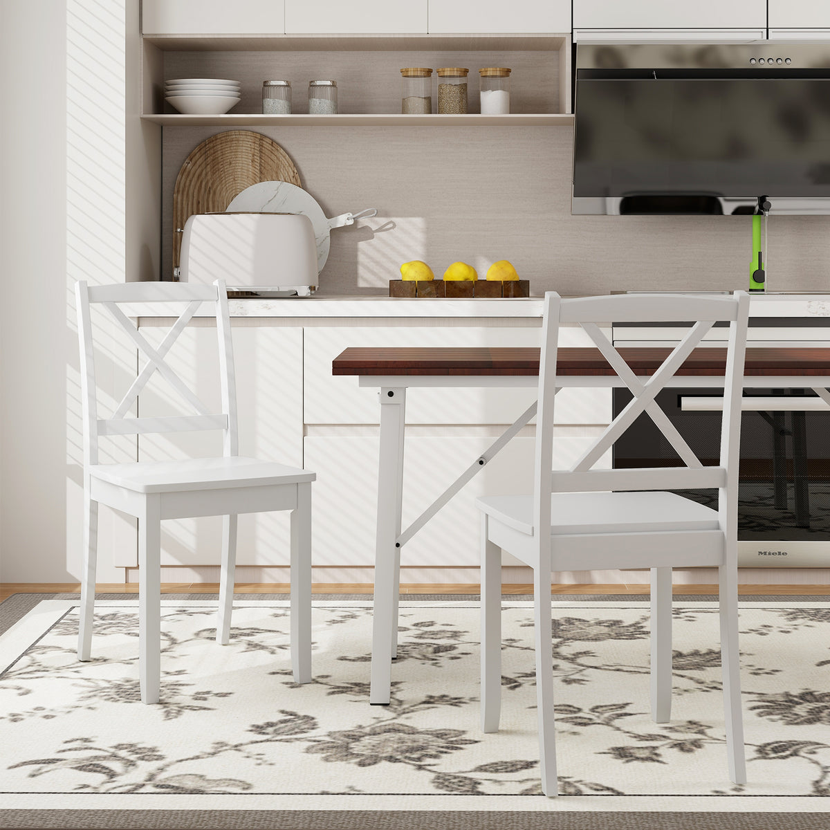 Wood Dining Chair Set of 2 with Rubber Wood Legs-White