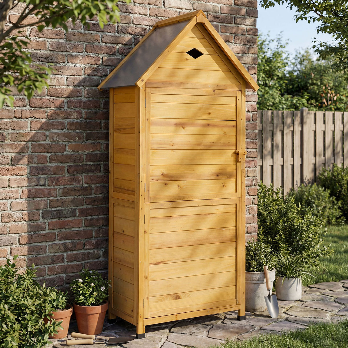 Wood Garden Storage Shed Outdoor Storage Cabinet with Lockable Door-Yellow
