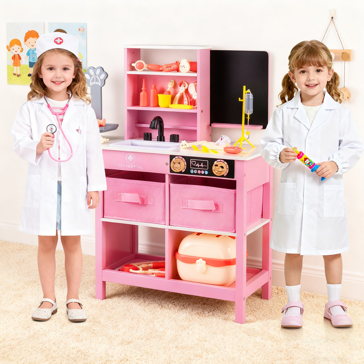 Wood Medical Center Toy Set with Blackboard and Pet Scale for Boys Girls-Pink