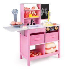 Wood Medical Center Toy Set with Blackboard and Pet Scale for Boys Girls-Pink