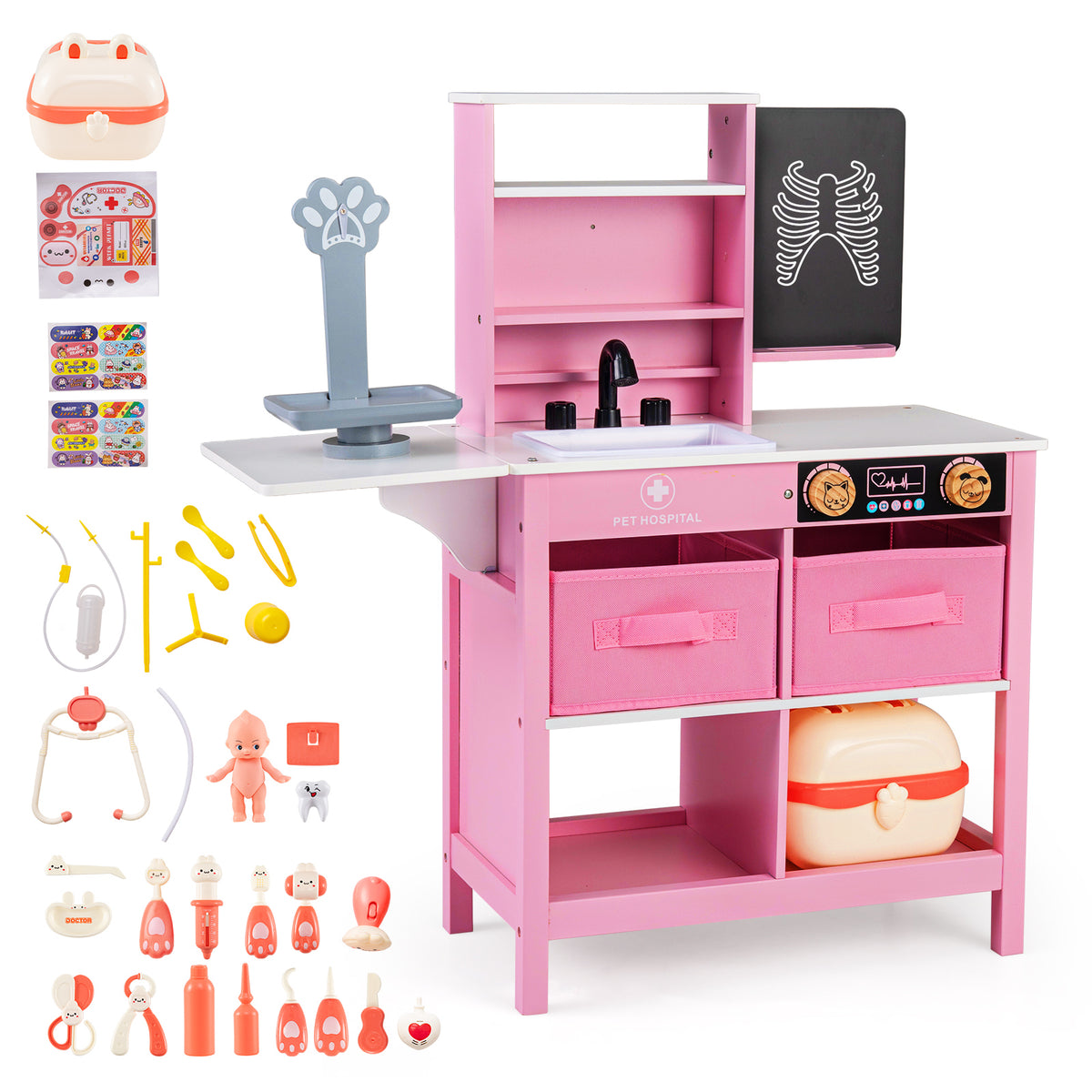 Wood Medical Center Toy Set with Blackboard and Pet Scale for Boys Girls-Pink