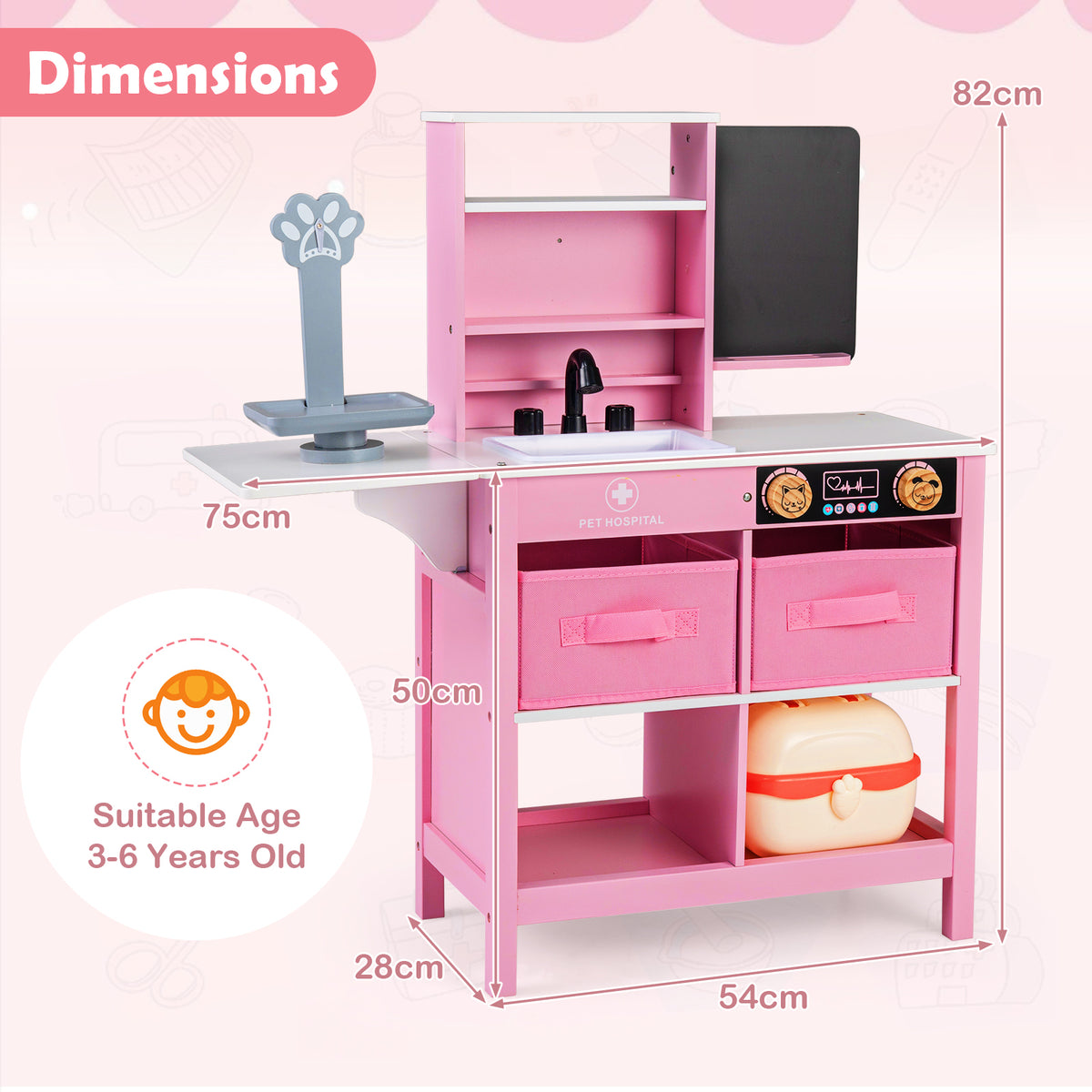 Wood Medical Center Toy Set with Blackboard and Pet Scale for Boys Girls-Pink