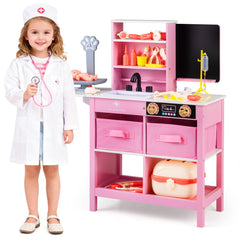 Wood Medical Center Toy Set with Blackboard and Pet Scale for Boys Girls-Pink