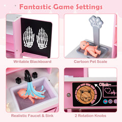 Wood Medical Center Toy Set with Blackboard and Pet Scale for Boys Girls-Pink