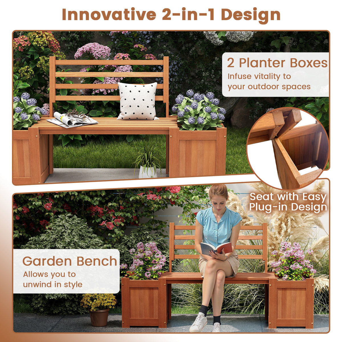 Wood Outdoor Planter Box with Bench Garden Seat with 2 Flower Boxes and Backrest