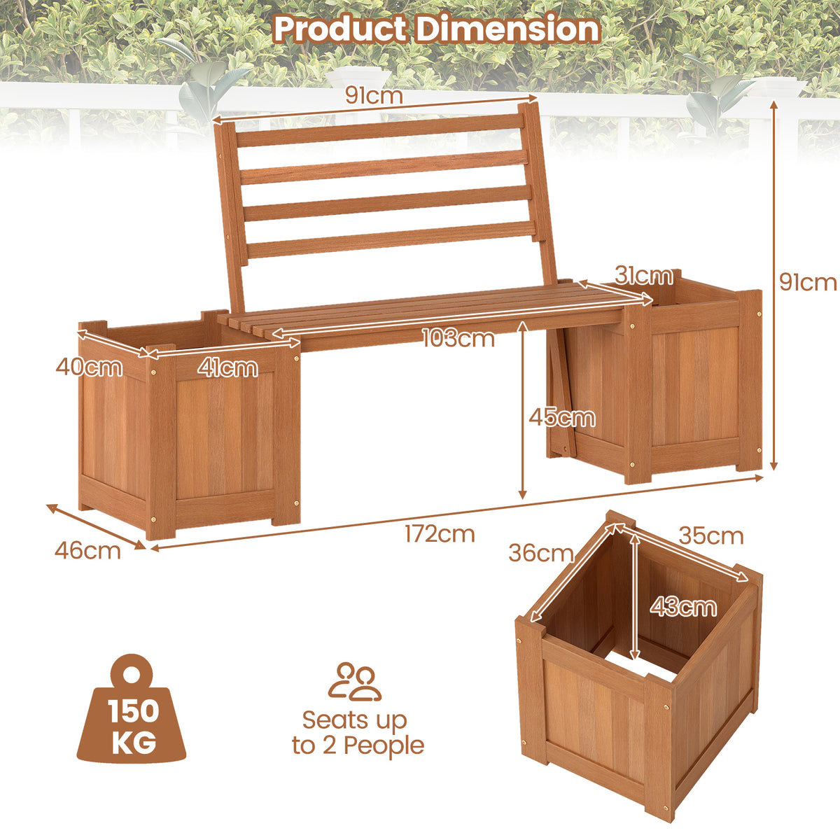 Wood Outdoor Planter Box with Bench Garden Seat with 2 Flower Boxes and Backrest