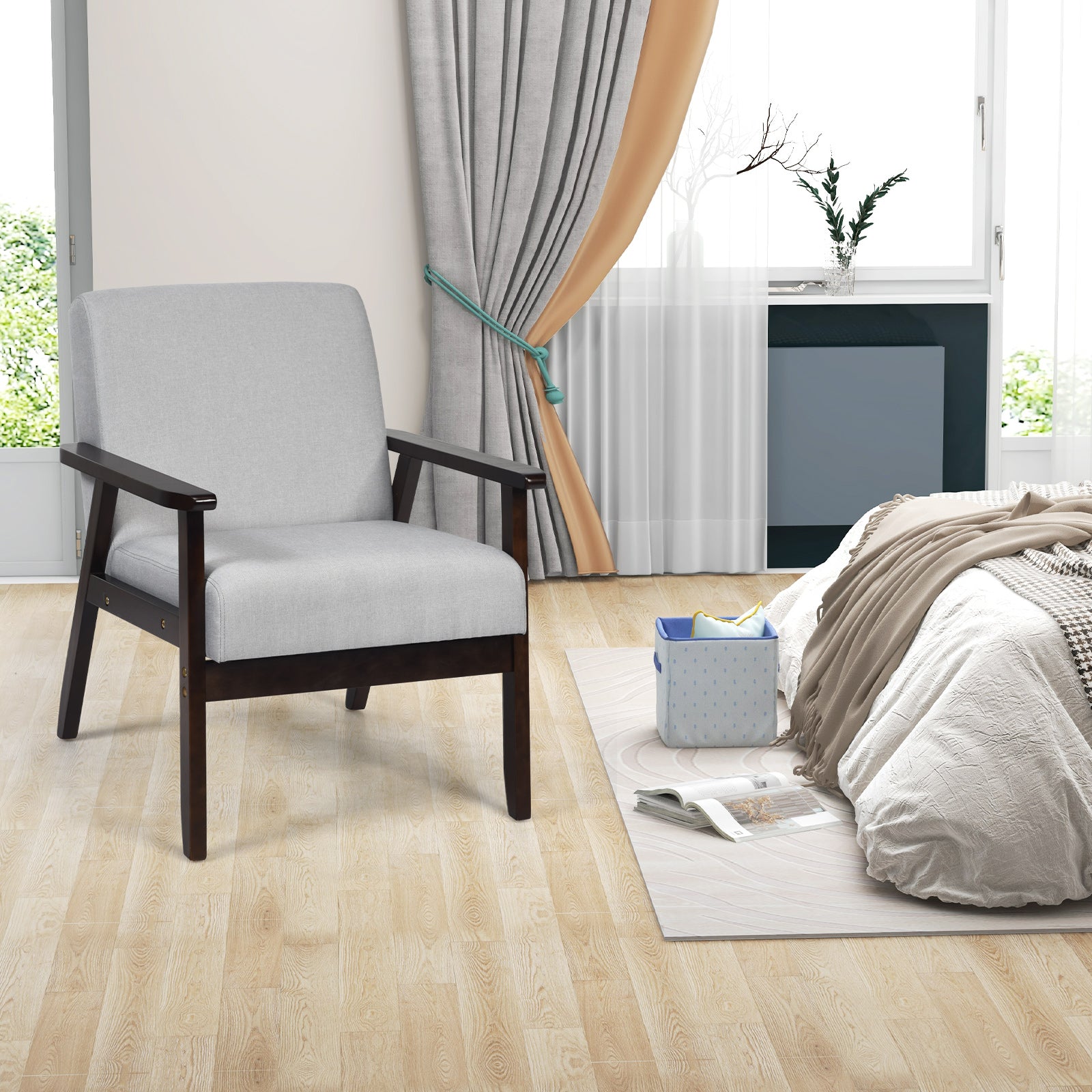 Modern Upholstered Linen Fabric Accent Sofa Chair with Wooden Armrest-Light Grey