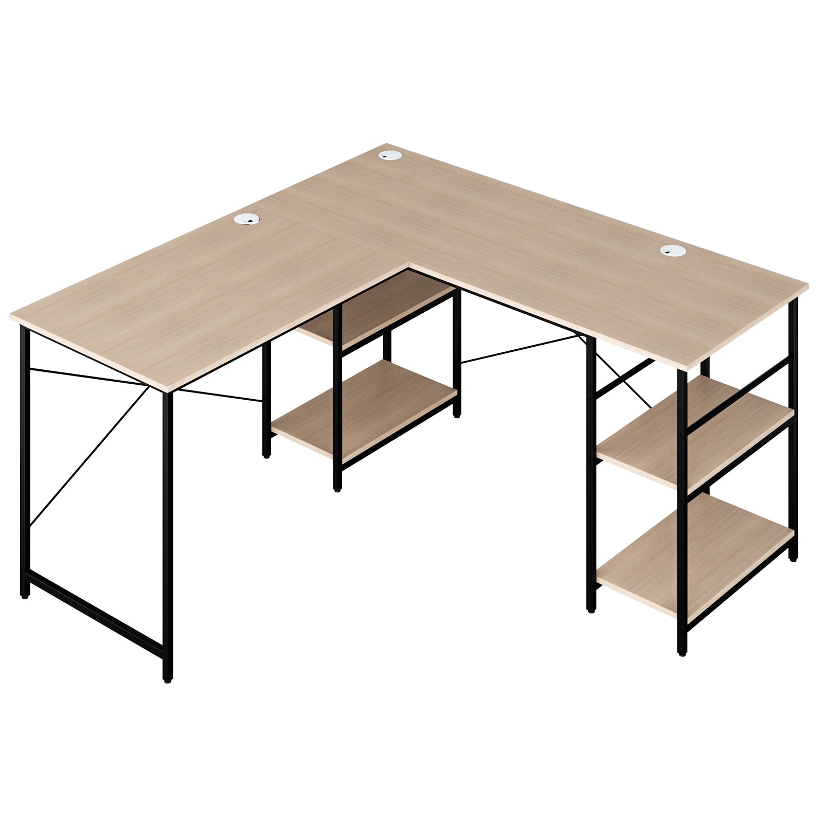 Wooden Industrial L-Shaped Desk with Storage Shelves-Natural