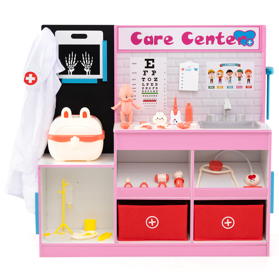 Wood Medical Center Toy Set with Examine Region and Height Measurer-Pink