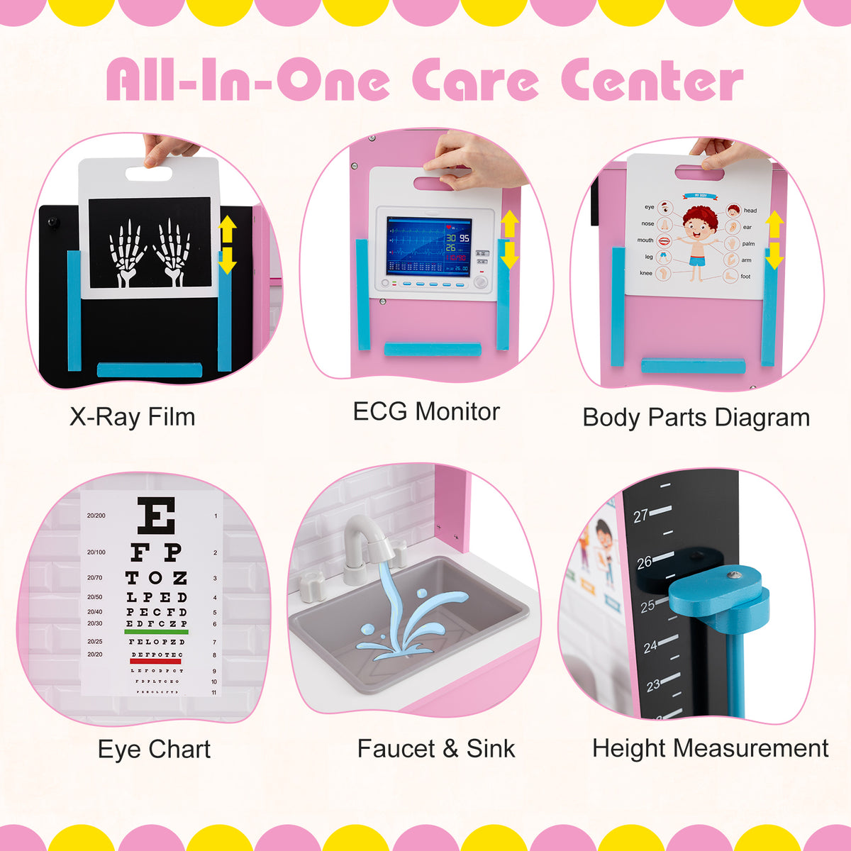 Wood Medical Center Toy Set with Examine Region and Height Measurer-Pink