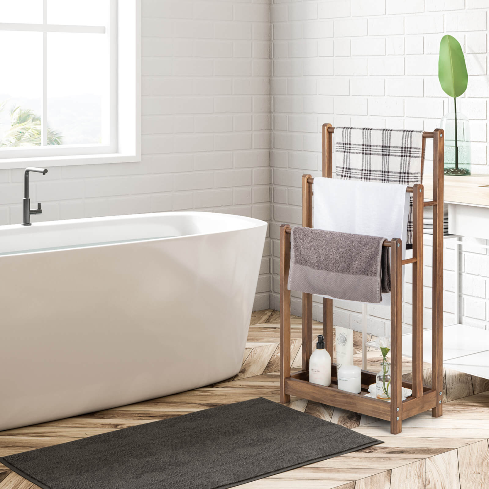 Freestanding Wood Towel Rack with 3 Individual Bars and Bottom Storage Shelf-Rustic Brown