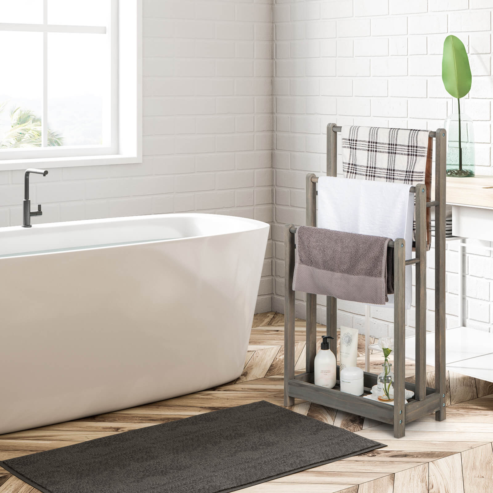 Freestanding Wood Towel Rack with 3 Individual Bars and Bottom Storage Shelf-Grey