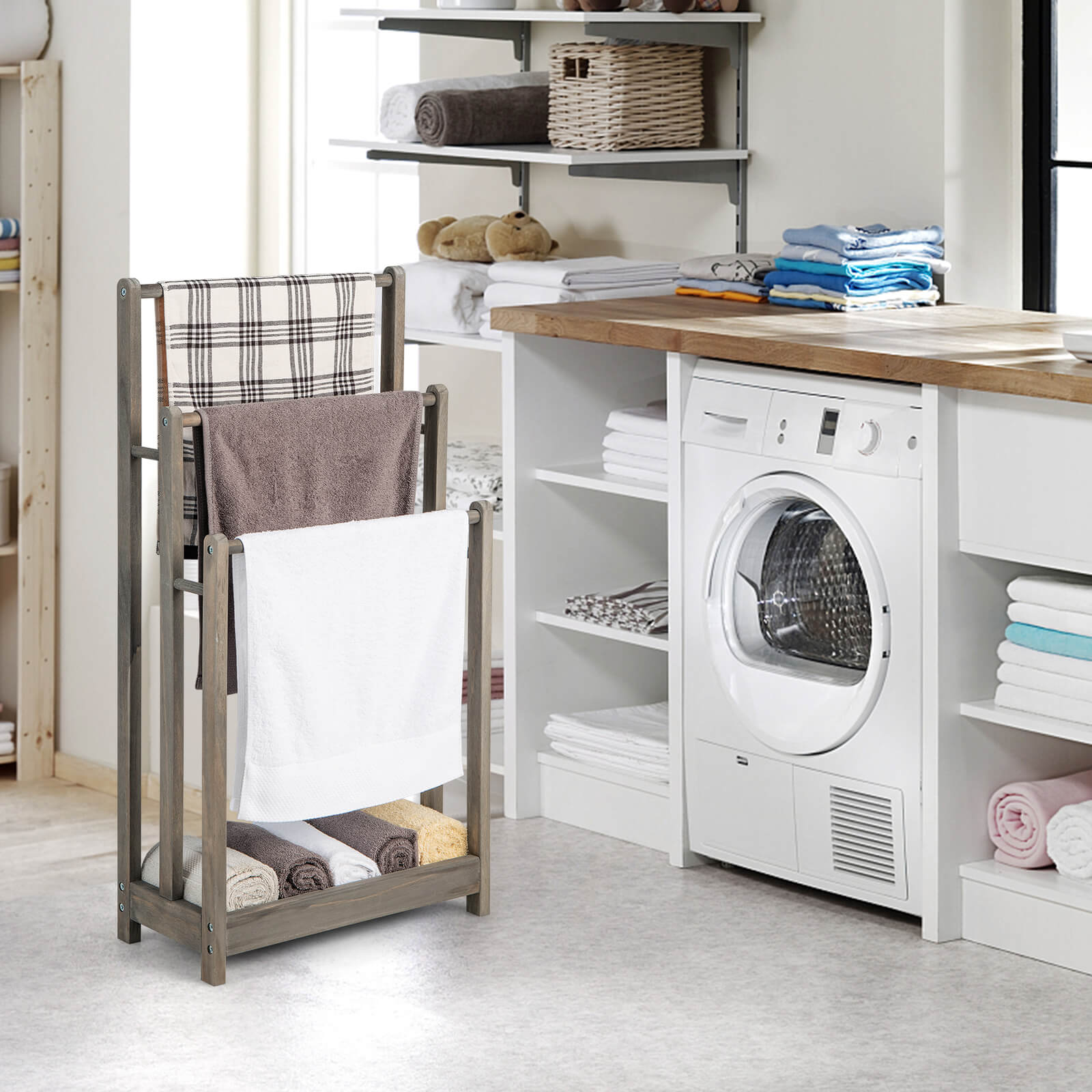 Freestanding Wood Towel Rack with 3 Individual Bars and Bottom Storage Shelf-Grey