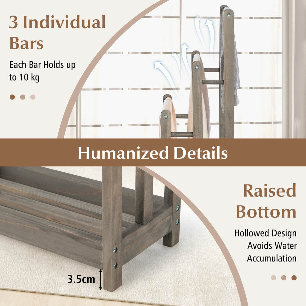 Close up of the grey wooden towel rack showing the raised bottom and individual bars