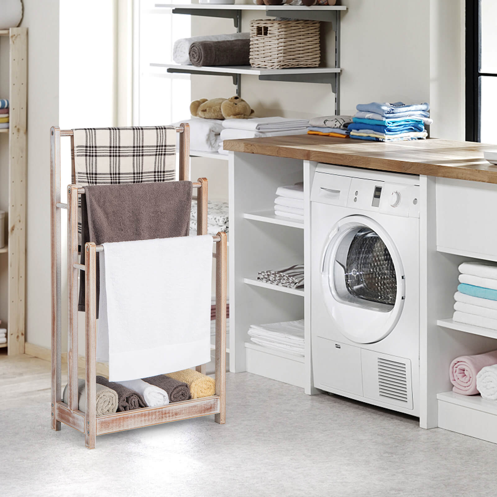 Freestanding Wood Towel Rack with 3 Individual Bars and Bottom Storage Shelf-White