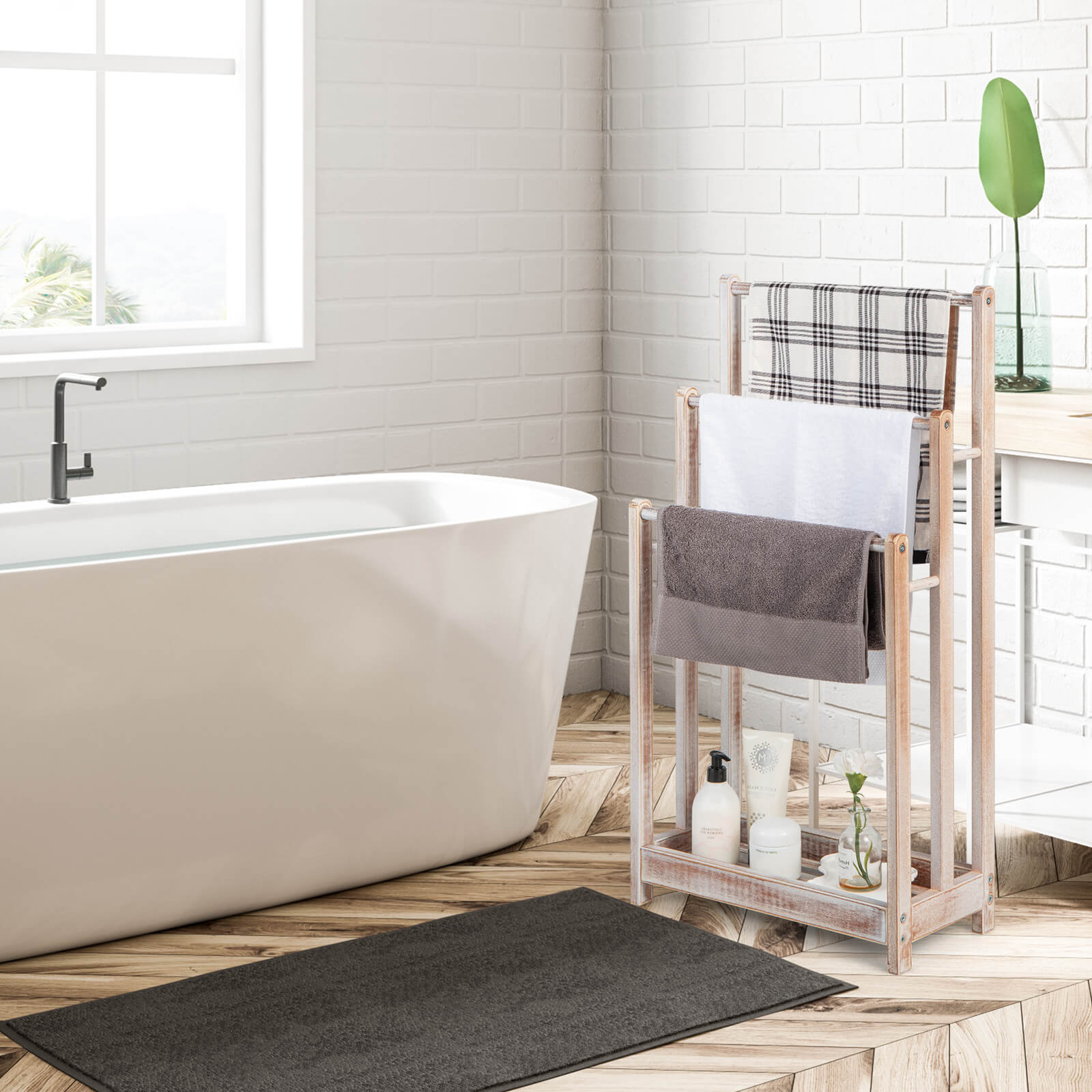 Freestanding Wood Towel Rack with 3 Individual Bars and Bottom Storage Shelf-White