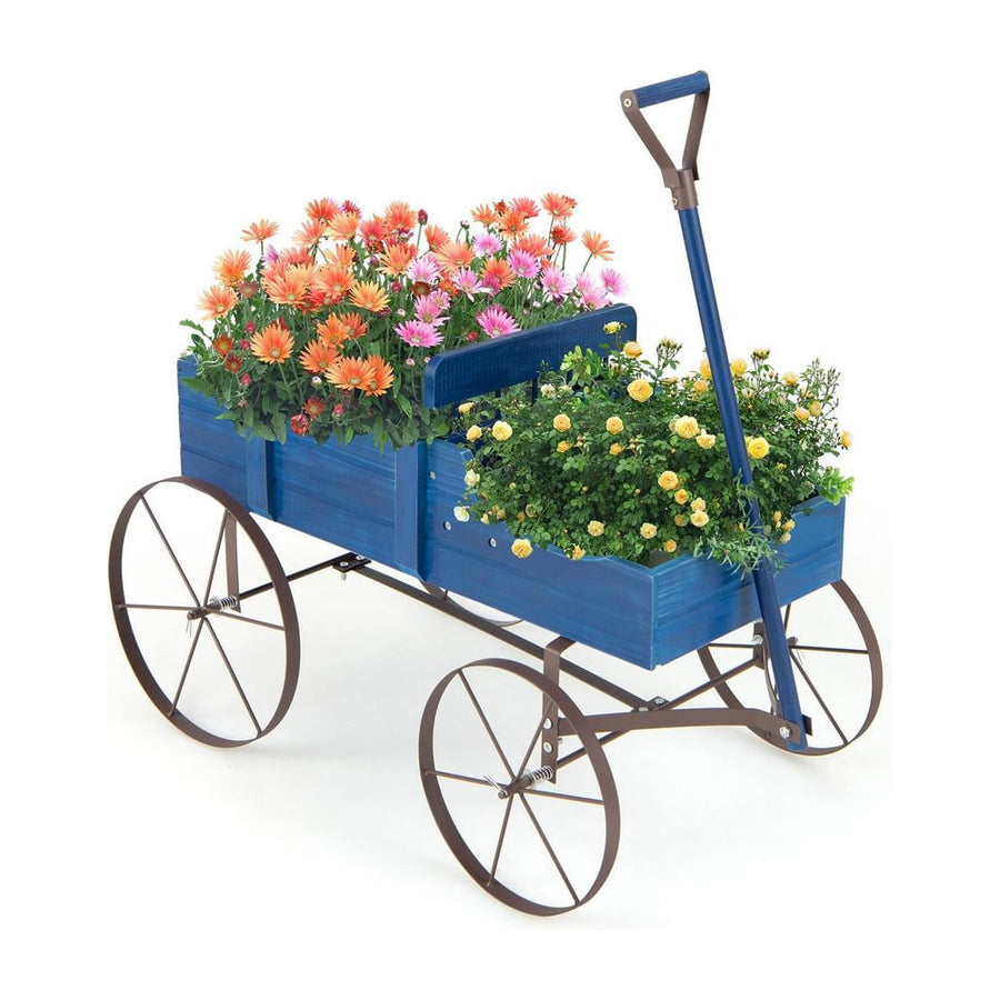 Wood Wagon Flower Planter with Wheels and 2 Planting Sections-Blue