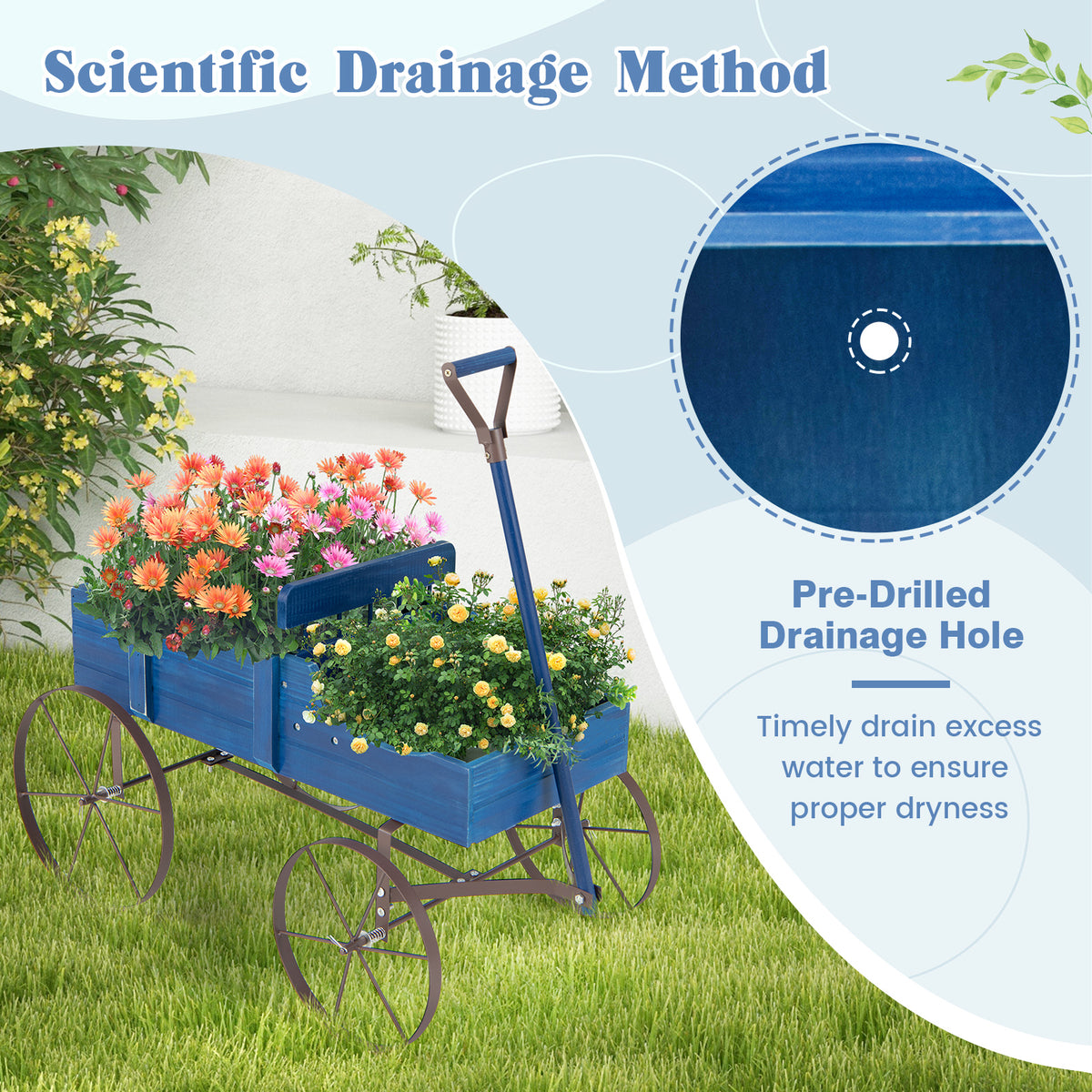 Wood Wagon Flower Planter with Wheels and 2 Planting Sections-Blue