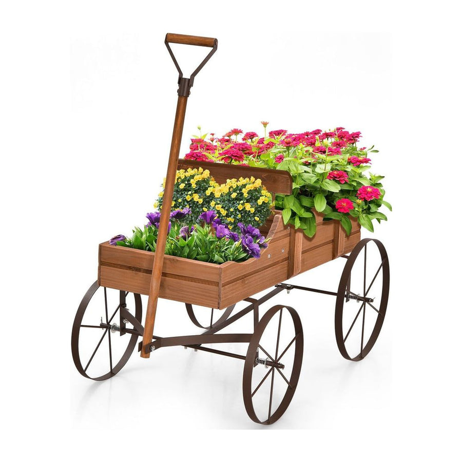 Wood Wagon Flower Planter with Wheels and 2 Planting Sections-Brown