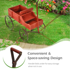 Wood Wagon Flower Planter with Wheels and 2 Planting Sections-Red