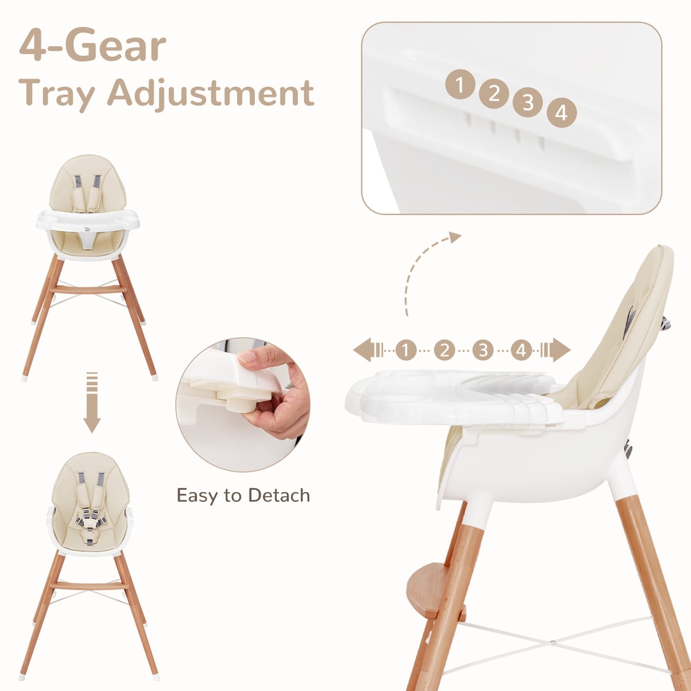 The high chair showing the adjustable tray mechanism with numbered positions and labels