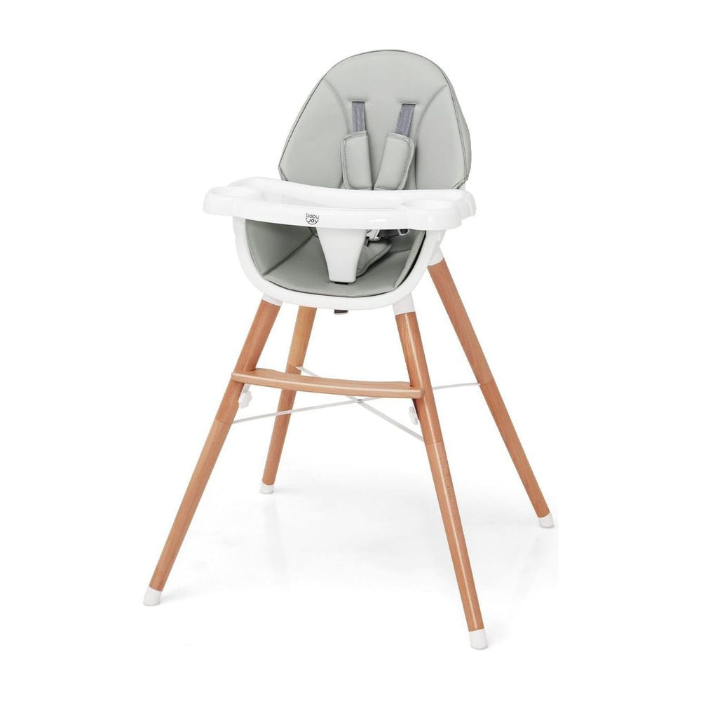 Wooden Baby Infant High chair with grey seat and wooden legs, shown from the front
