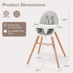 Product dimensions diagram for the wooden baby infant high chair
