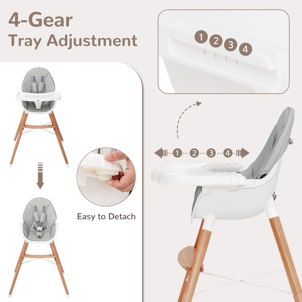 Wooden baby high chair with adjustable tray and easy detach feature