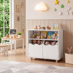 Wooden Bookshelf with 2 Anti-Toppling Devices and Top Surface Open Compartment-White