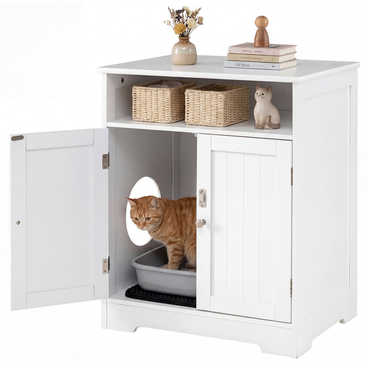 Wooden Cat Litter Box Enclosure Hidden Cat Washroom Furniture with Easy Cleaning Litter Mat-White