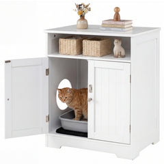 Wooden Cat Litter Box Enclosure Hidden Cat Washroom Furniture with Easy Cleaning Litter Mat-White