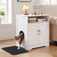 Wooden Cat Litter Box Enclosure Hidden Cat Washroom Furniture with Easy Cleaning Litter Mat-White