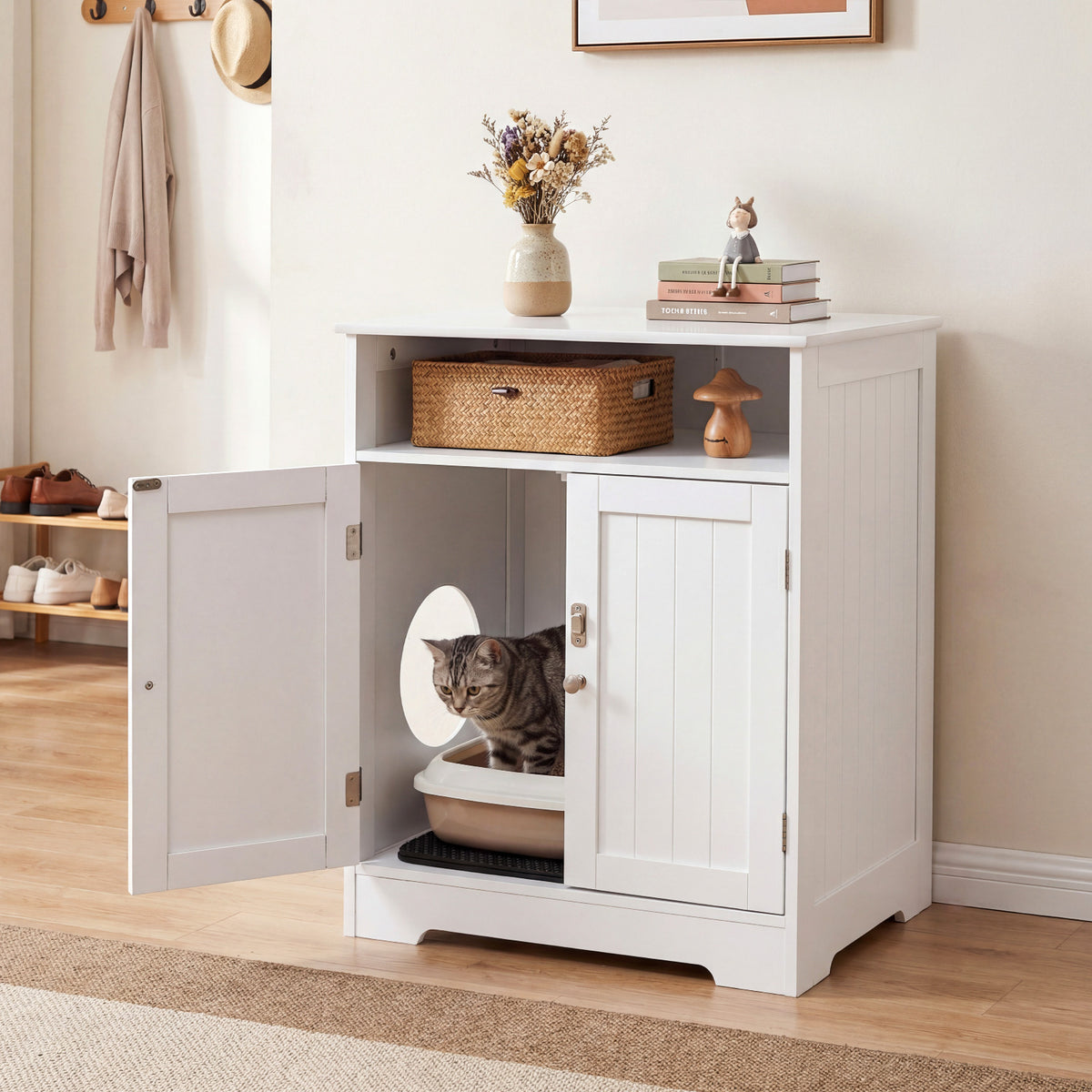 Wooden Cat Litter Box Enclosure Hidden Cat Washroom Furniture with Easy Cleaning Litter Mat-White